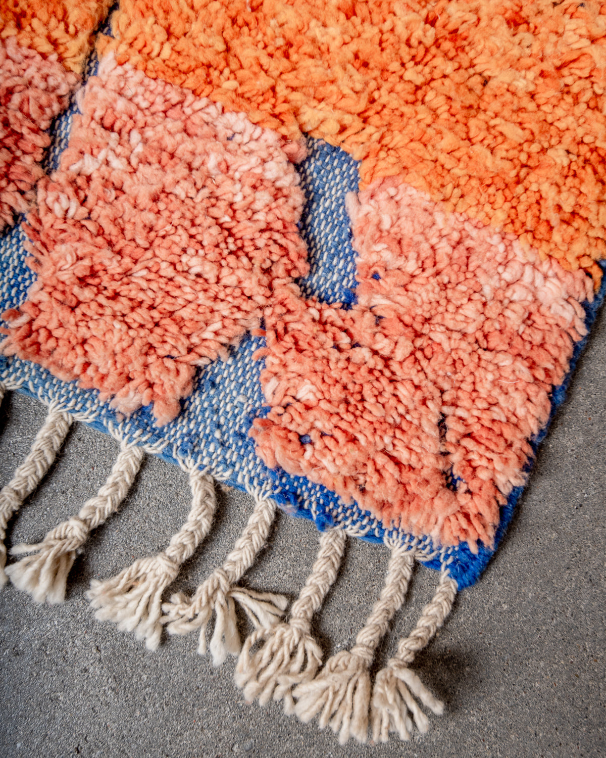 Modern, designer, handcrafted Berber rug from Morocco. Beniourain carpet with beautiful colours and patterns and fluffy wool texture.
